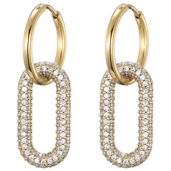 Gold Hoop Crystal Link Drop Earrings - NEW - Picture 2 of 4